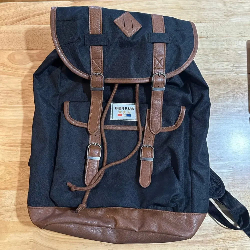 BENRUS Drawstring Backpack Black Brown Faux Leather Trim Vintage Military EUC